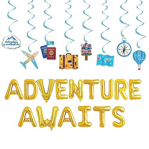 Adventure Awaits Balloons, Travel Theme Party Sign, Fun Moving Away/Retirement/Graduation/Farewell Party Bunting Decoration Supplies