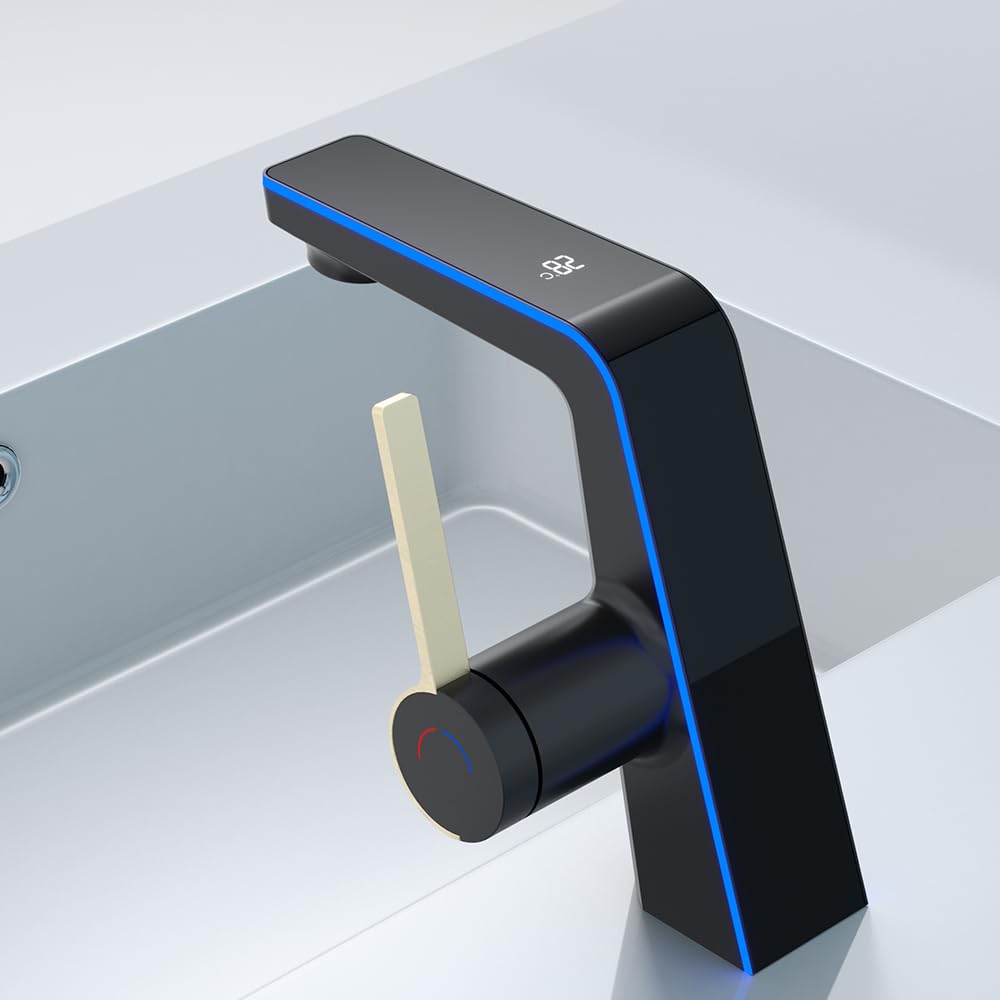 Grifos de baño de temperatura, sin visualización eléctrica de temperatura, grifos de lavabo de baño de un solo mango (moderno, negro dorado)