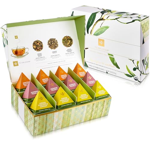 Bloom Radiant Greens &ndash; Organic Green Tea Sampler With 12 Plant-based Pyramid Sachets, Jasmine Pearls, Minted Mango Peach & Pineapple Ginger, Gift-ready Presentation Box For Tea Lovers