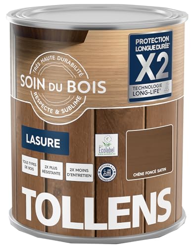 Tollens - Lasure - Ultra Résistante - Adhérence Renforcée - Protège et Décore - Protection Anti-UV - Technologie LONG-LIFE - Satin - Chêne Foncé - 1 L
