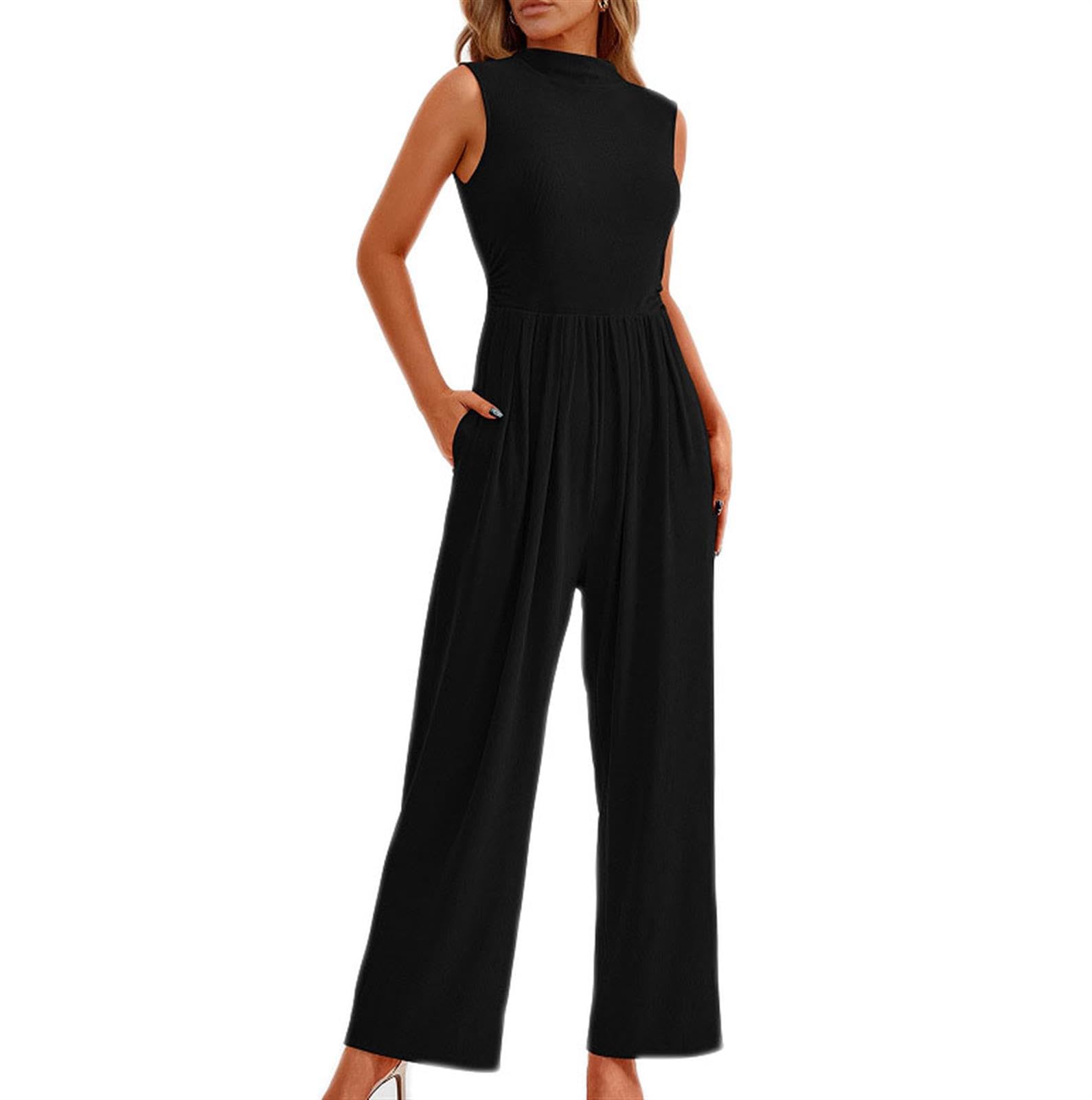 Kioxiuin Monos de verano para mujer Casual elegante Atuendos de una pieza Sin mangas Cuello alto Pantalones de pierna ancha Mamelucos con bolsillos