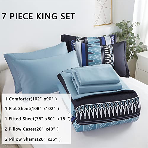 Kakijumn 7 Piece Bed In A Bag Boho Comforter Set King Size, Black White Blue Patchwork Chevron Striped Comforter And Sheet Set, All Season Soft Microfiber Complete Bedding Sets(Black/Blue,King) #TOP1