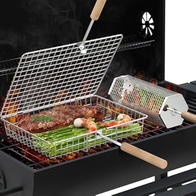Grill Basket Set(Rectangular+Hexagon), Removable Wooden Handle, 304 Stainless Steel, Rolling Grilling Net, BBQ Accessories Tools for Vegetables Shrimp, Outdoor Cooking Camping, Birthday Gifts for Men Dad Husband