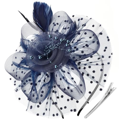 Image of DRESHOW Fascinators Hat Flower Mesh Ribbons Feathers on a Headband and a Clip Tea Party Headwear for Girls and Women