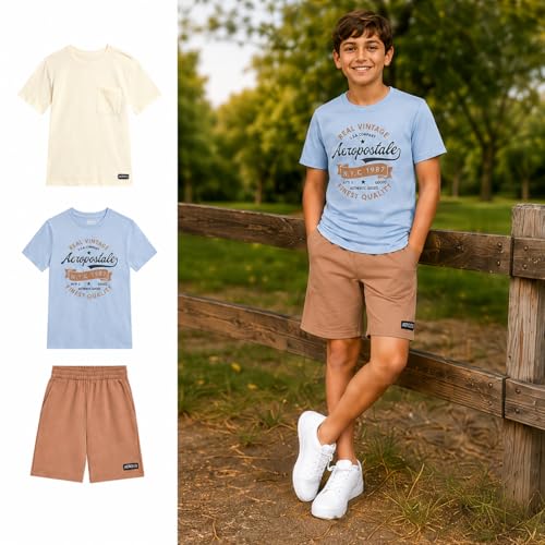 Image of AEROPOSTALE Boys Athletic Shorts Set 3 Piece Graphic T Shirts Fleece Shorts | Soft Breathable Jersey Tees, Elastic Waistband, Side Pockets, Screen-print Design, Durable Stitching for School & Play