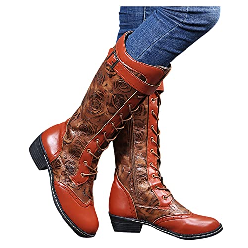 Kobilee Hohe Stiefel Damen Ohne Absatz Elegant Leder Vintage Kniehohe Stiefel Winter Stiefeletten Western Winterstiefel Westernstiefel Wasserdicht Winterboots Weiter Schaft Cowboystiefel Reitstiefel Cover