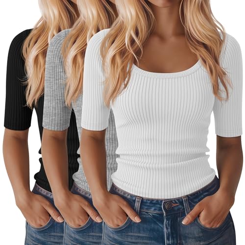 Ficerd 3 Pack Elbow Length Shirts for Women Half 1/2 Sleeve Tops Scoop Neck Ribbed Slim Fit Basic Tee 2025 Summer Trendy