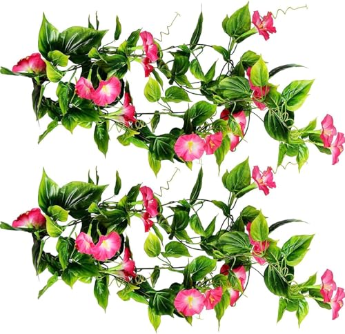 Artificial Morning Glory Flower Vines, Fake Hanging Plants Green Vine Silk Garland Flowers Faux Greenery Plastic Plant for Indoor Outdoor Garden Wall Fence Stairway Wedding Home Decor Pink 2 Pack