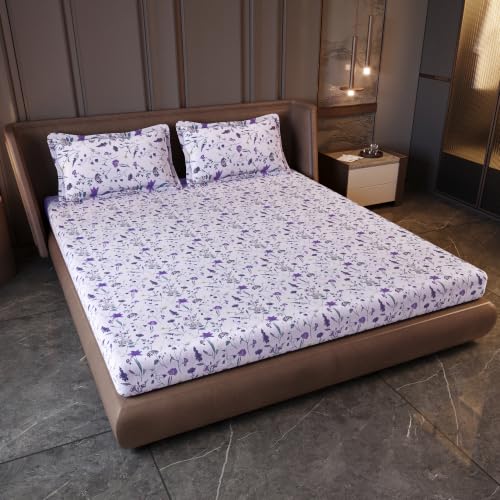 Image of Divine Casa Cotton King Size Bedsheet | 210 TC Soft Breathable Pigment Twill Satin Bed Sheet with 2 Pillow Covers | Luxury Bedding Set | 275 x 275 cm (Purple, Floral)