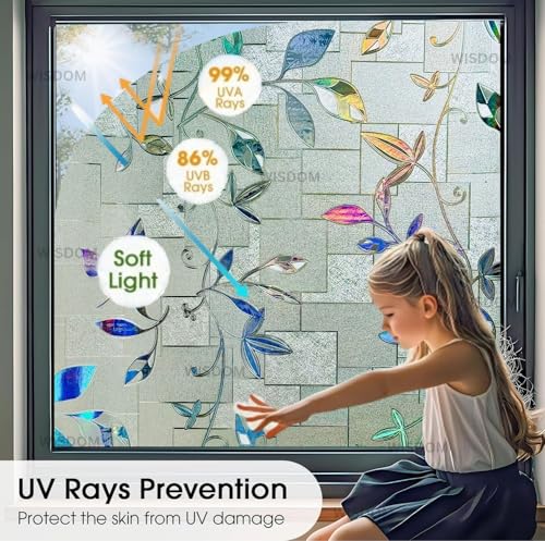 Image of WISDOM Premium Frosted Glass Window Film Self Adhesive Decorative Glass Window Privacy Sheet Film UV Control Removable Vinyl Privacy Film (Rainbow Leaves, 12x48 Inch)