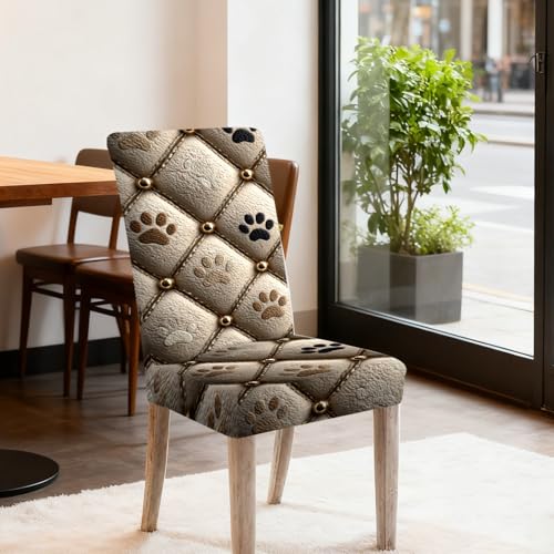 Image of Nuxovilar Beige Paw Print Quilted Stretch 23.6x70in 4PCS Chair Covers | Stretch Slipcover Pet Protector Quilted Wrap Seat Guard Dining Room Family Kitchen Dog Cafe (Beige Paw)