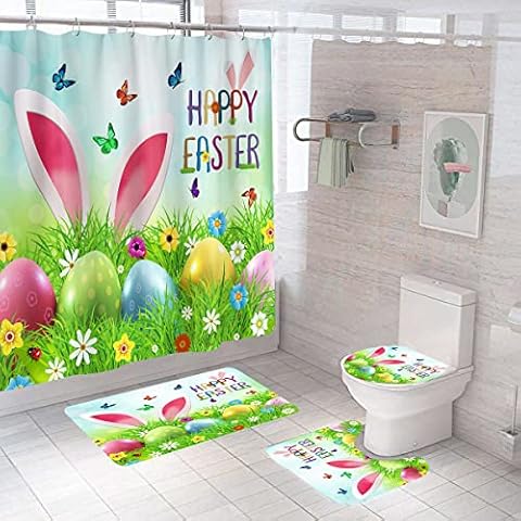 DDS-DUDES Easter Shower Curtain, Funny Rabbit Spring Eggs Shower Curtain Set for Bathroom Decor Waterproof Fabric Curtains with Hooks 71x71 inches Cover