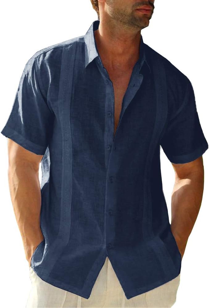 Hestenve Mens Short Sleeve Cuban Camp Guayabera Shirt Linen Cotton Hippie Beach Button Down Shirts
