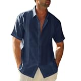 Mens Short Sleeve Cuban Camp Guayabera Shirt Linen Cotton Hippie Beach Button Down Shirts