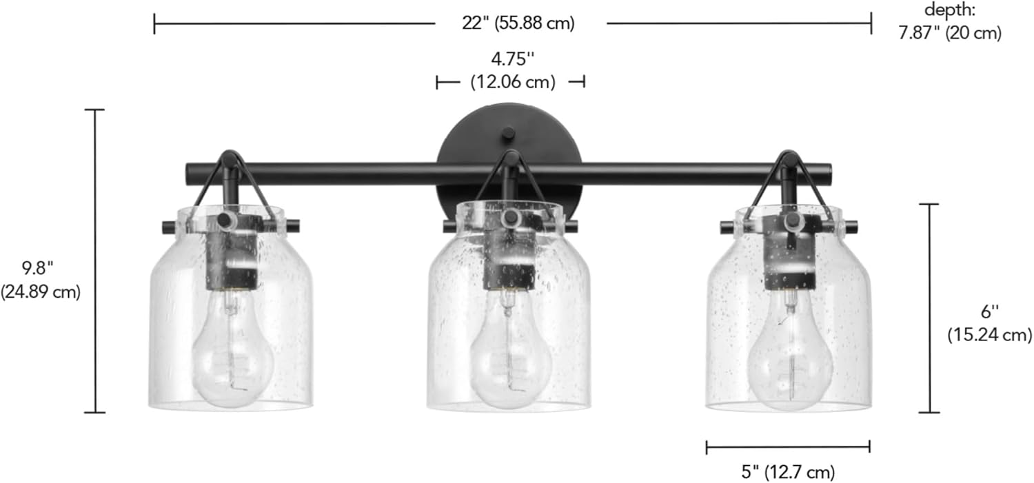 Globe Electric 63000207 5-Piece All-in-One Bathroom Set, 22" 3-Light Vanity Light, Matte Black, Seeded Glass Shades, Towel Bar, Robe Hook, Toilet Paper Holder, Towel Ring, Bathroom Lights Over Mirror