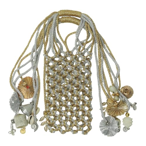 BINCRAFT Handmade Phone Bag with Decorative Beads and Shells – Eco Friendly Hand Knotted Stylish Mobile Purse/Cover for Parties & Weddings – Boho Crossbody Sling Pouch for Women - Golden Silver Color-image-26