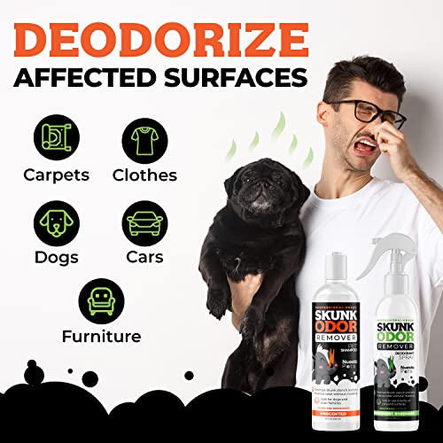 Nuesta Pets Skunk Odor Remover System w/Activated Charcoal | Ultimate Dual-Action System for Dogs & Cats | Skunk Shampoo & Spray Smell Eliminator | Vet-Approved Cleansing for Dogs, Cats & Home