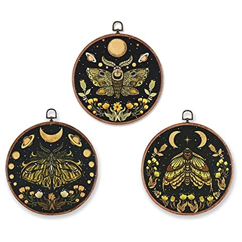 3 Pcs Moon Prints Wall Art, Moth Canvas Prints Flower Vines Painting Artwork Floral Butterfly Prints Decor Wall Hanging for Bedroom, Hall, Living Room (Rubber Frame, 9.8 inches) Cover