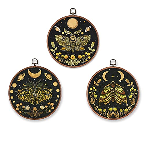 3 Pcs Moon Prints Wall Art, Moth Canvas Prints Flower Vines Painting Artwork Floral Butterfly Prints Decor Wall Hanging For Bedroom, Hall, Living Room (Rubber Frame, 9.8 Inches) #TOP4
