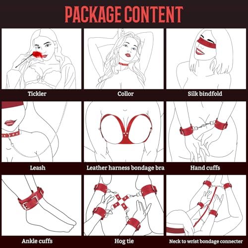 Image of 13-Pcs Sex Bondage Toys BDSM Beginners Kit for Women Couples, Adjustable Breasts Restraints, Collor and Leash, Wrist and Ankle Cuffs with Hog Tie, Behind Back Restraints, Blindfold & Tickler （ Red ）