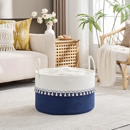 Image of KAKAMAY Cotton Rope Storage Basket (20 inchx13 inch),Woven Hamper for Blankets,Toys,Pillows,Clothes,Laundry,Sturdy Handles Decorative Basket for Living Room, Bedroom,Nursery(Blue /Blue Fringe)