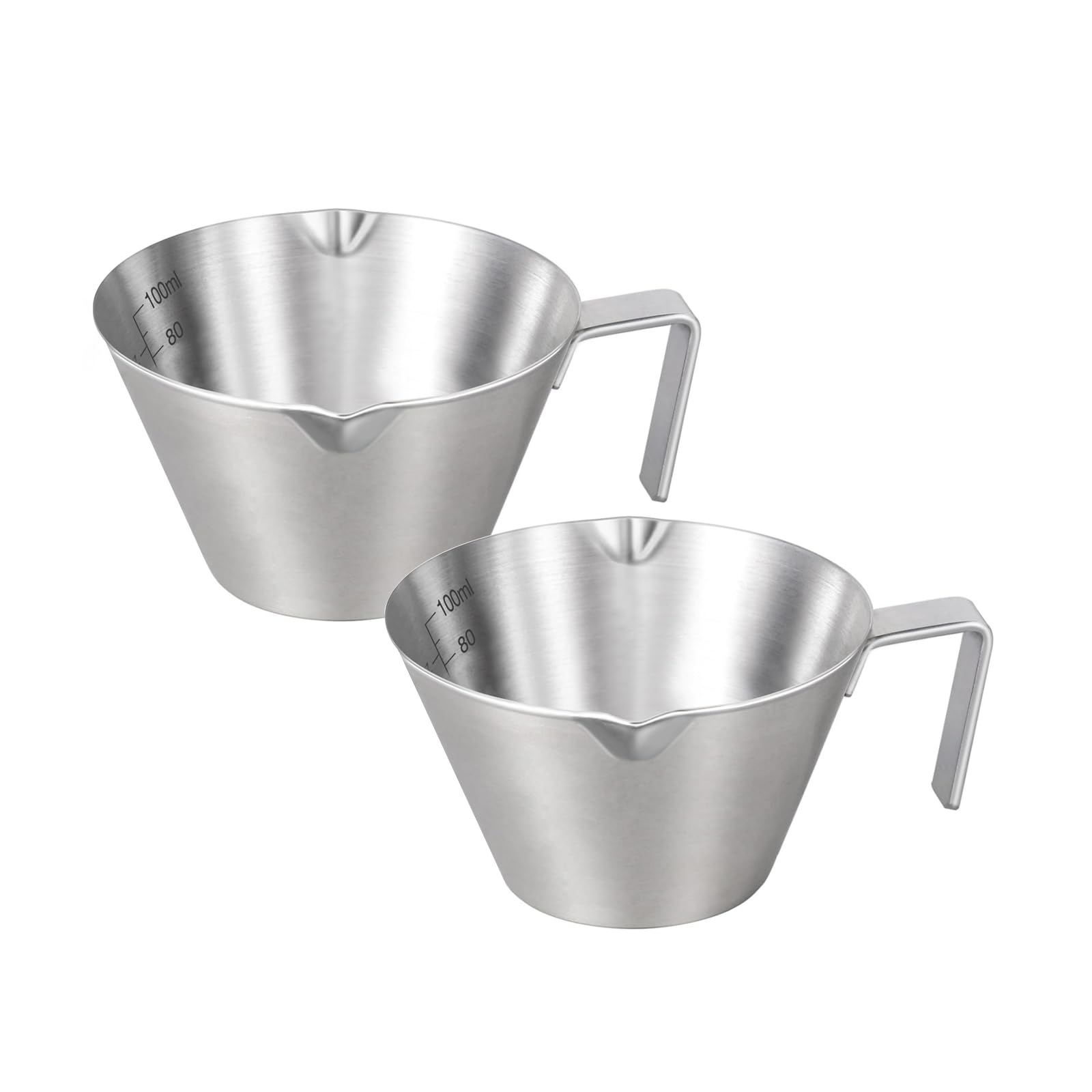 2 Pcs Espresso Cups with Handle, Stainless Steel Espresso Accessories, Double Spout Metal Measuring Cup with Dual Scale, Espresso Shot cup with V-Shaped Mouth, 3.4OZ/100ML(Silver)