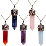 Bivei Retro Antique Brass Chakra Necklace Hexagonal Prism Gemstone Quartz Crystal Stone Healing Pendant (Pack of 5)