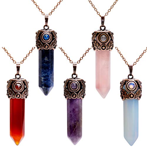 Bivei Retro Antique Brass Chakra Necklace Hexagonal Prism Gemstone Quartz Crystal Stone Healing Pendant (Pack of 5)