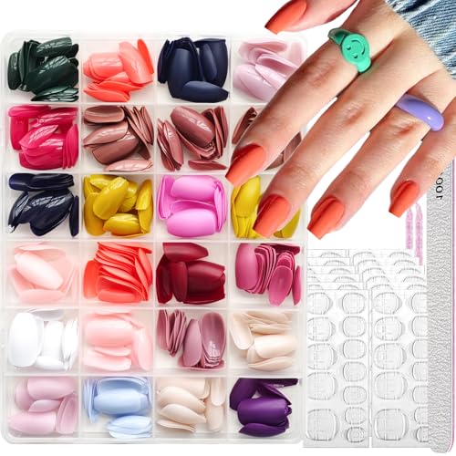 Image of 24 Colors Coffin Press on Nails Solid Color Fake Nails Short False Nails Pure Color Glue on Nails Glossy Reusable Artificial Acrylic Nail Full Cover Stick on Nails for Women Manicure 576Pcs