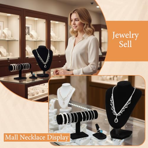 JOUTYFOR 4 Pcs Velvet Jewelry Display Set Velvet Necklace Bust Holder Bracelet Organizer Ring Finger Jewelry Holder Organizer for Vendors Selling Trade Show Retail Home Decor (Black)