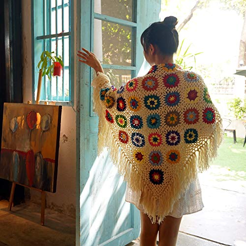 62x30in Handmade Crochet Fringed Poncho Cape Shawls Wraps Granny Square Womens Coat Sweater4