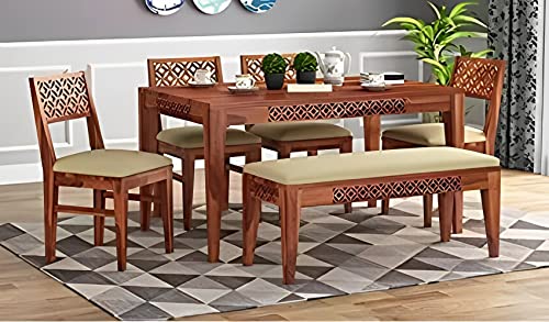 Image of DIA Chitra Furniture Sheesham Solid Wood Six Seater Honey Finish Dining Table Set with 4 Chair and 1 Bench, Cream Cushion