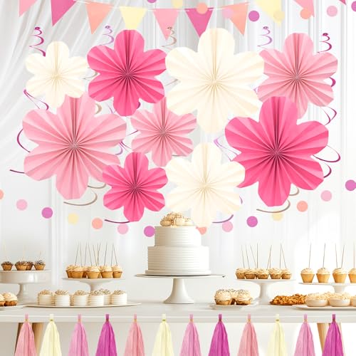 Image of Pink and Yellow Party Decorations Pink Floral Birthday Decoration Supplies | with Colorful Hanging Paper Flowers Tassel Garland and Swirls for Baby Showers Bachelorette Party Supplies Classroom Decor