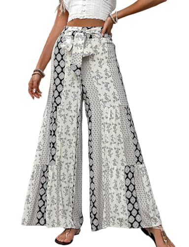 Womens Wide Leg Floral Boho Pants Summer Lightweight Casual Vacation Travel Beach Flowy Pants