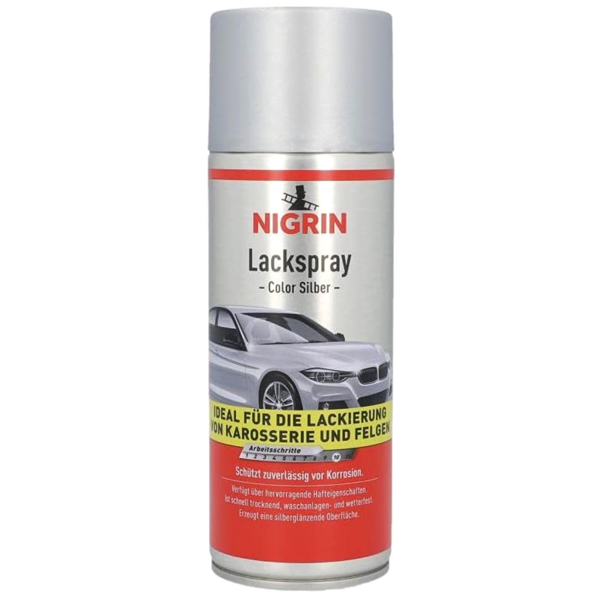 NIGRIN Lackspray, 400 ml, Autolack Silber, schützt Felgen und Karosserie vor Rost, schnell trocknend