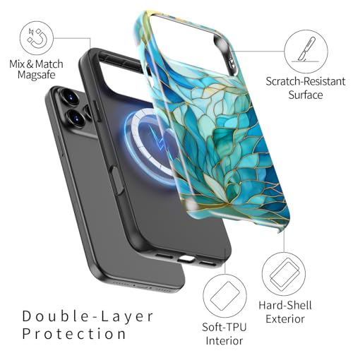 Image of Goodon for iPhone 17 Pro Case Cute - Wireless Charging Compatible - Dual-Layer Hard Shell + Silicone Cover - Protective Phone Case with Trendy Designs for Women - Blue Leaves Flower | Dual-Layer Hard Shell + Silicone, Slim Fit Protective Phone Cover with Wildflower Designs for Women Girls