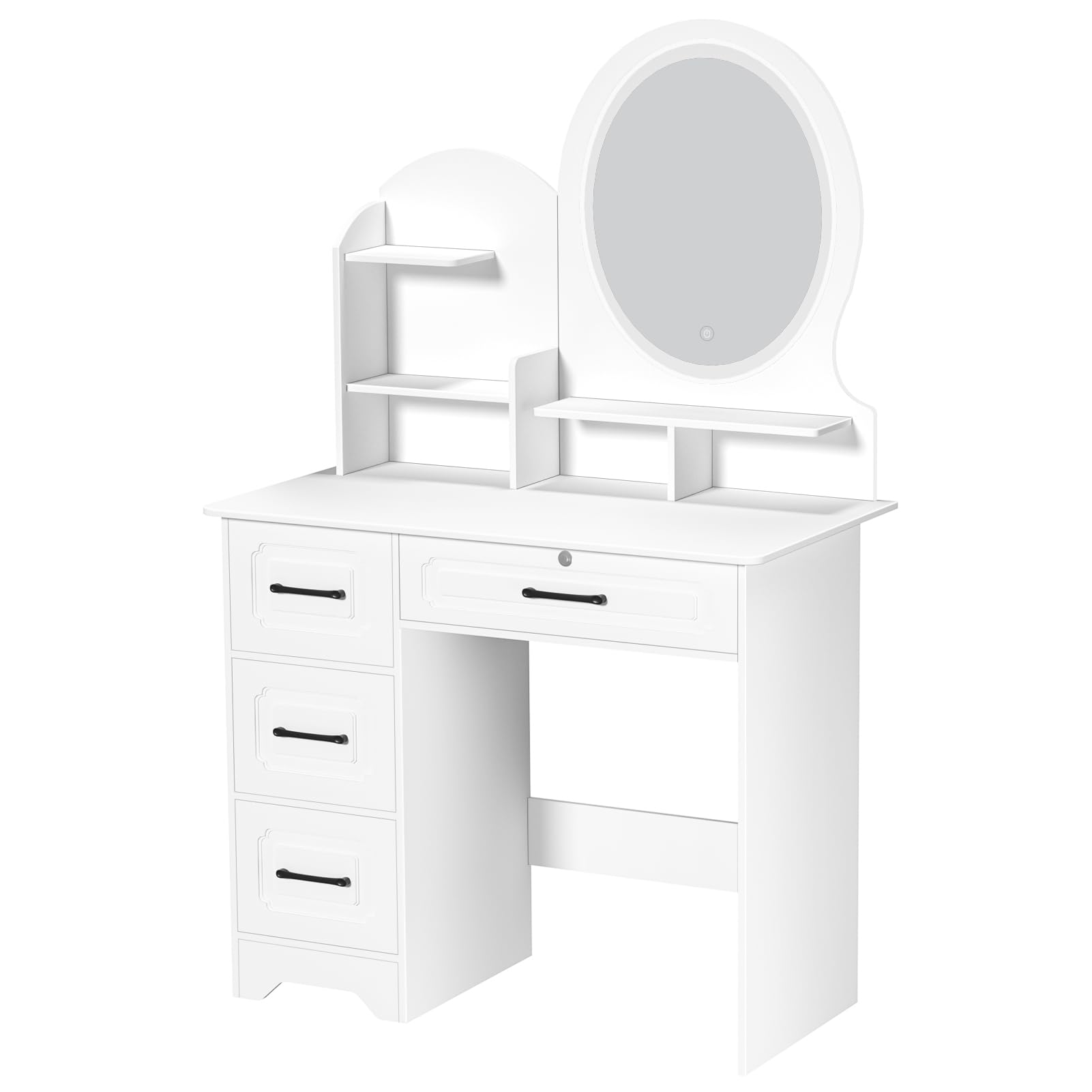 Calager Dressing Table with LED lights, Makeup Vanity Desk with Mirror and 3 Brightness Modes White Vanity Table with 4 Drawers & 3 Open Shelves Modern Bedroom Dresser, Makeup Table for Bedroom