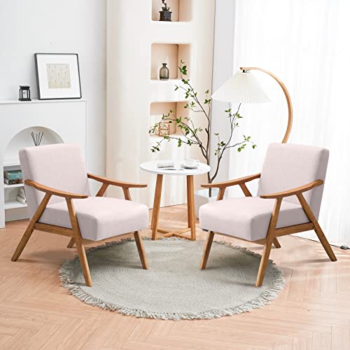 Vingli Beige Accent Chairs Set Of 2, Retro Mid Century Lounge Chairs For Living Room, Sturdy Upholstered Solid Wood Boho Farmhouse Armchairs For Bedroom/Reception #TOP6