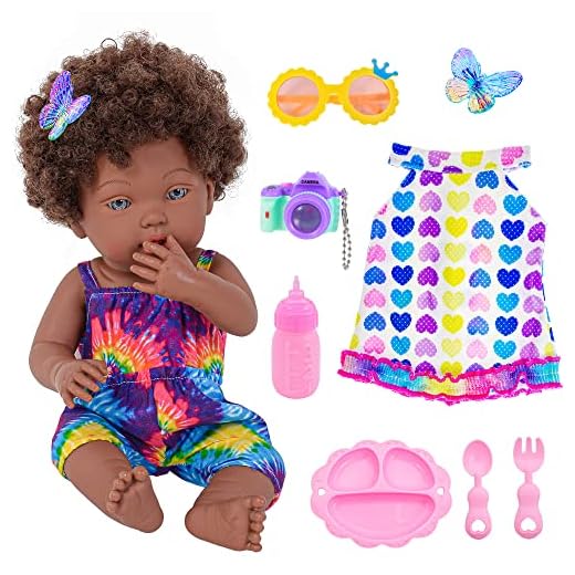 dollbie Dolls & Accessories African American Baby Dolls Reborn Baby Doll 14 Inch Black Baby Dolls Real Life Baby Dolls Curly Doll Hair with Feeding Set (1 Doll+2 Sets Clothes+7 Pcs Accessories)