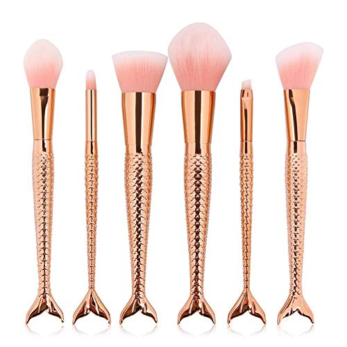 Mermaid Makeup Brush Set,6pcs Rose Gold Brush for Kids Lovely Makeup Brush for Girls Portable Beauty Cosmetic Tools Women Cosmetic Concealer Brush