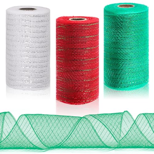 Glarks 3 rollos de cinta de malla de Halloween decorativa metálica metálica de polietileno plateado, rojo con verde, rollos de malla verde de Navidad para coronas, guirnaldas, manualidades, fiestas y