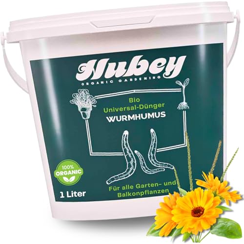 HUBEY Wurmhumus für Pflanzen - Komposterde für Balkon u. Garten - Natürlicher Stickstoffdünger - Humus für Gartenerde - Bio Dünger Universaldünger (1 L)