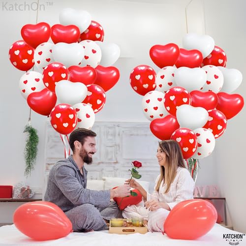 KatchOn, Red and White Balloons - 12 Inch, Pack of 40 | Heart Shaped Balloons, Heart Decorations | Romantic Decorations Special Night | Happy Anniversary Decorations | Valentines Day Decorations