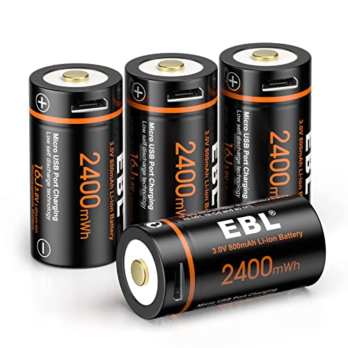 EBL 3V Lithium Battery 4 Pack, 800mAh 16J USB Rechargeable Camera Batteries Flashlight Replacement...
