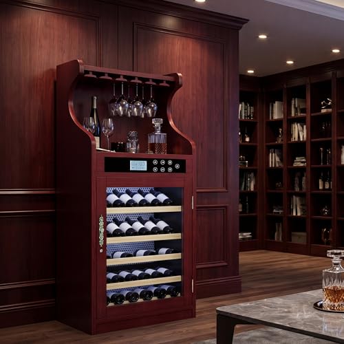 Image of KEIKI 43 Bottle Wine Refrigerator, Freestanding Single Zone Wine Cooler with Humidity Control, Tempered Glass Door, LED Lighting, Lockable Wood Cabinet, Low Noise for Connoisseurs, Cherry