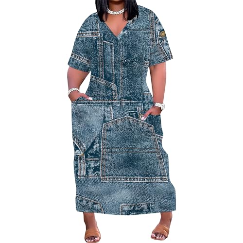 Image of SUZONANA Womens Plus Size Denim-Print Fashion Maxi Dresses Casual Soft Tshirt Dress