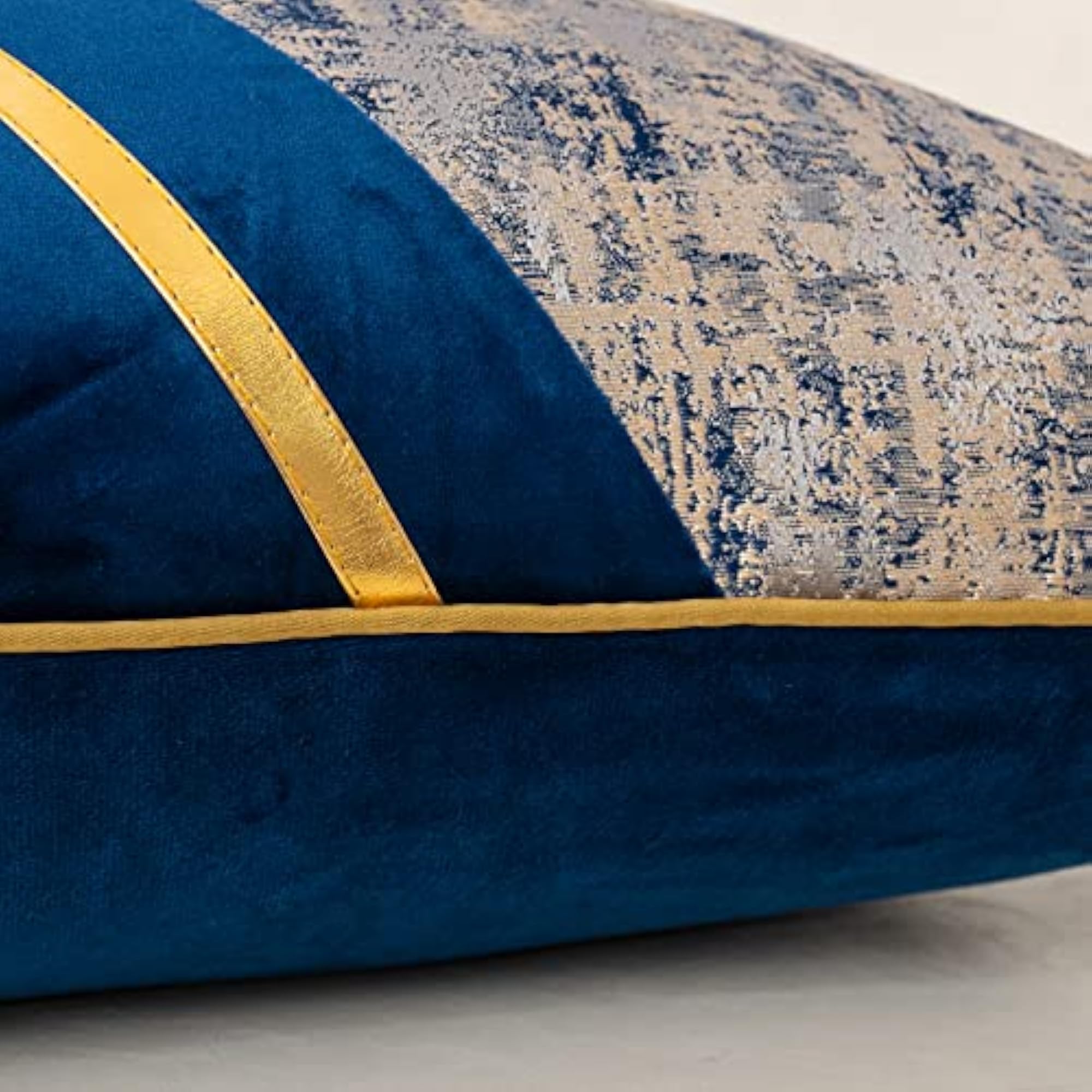 Navy Blue Beige Gold Leather Patchwork Velvet Cushion Case