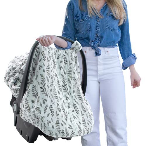 Image of Bebe au Lait Classic Muslin Car Seat Cover -Perfect Baby Car Seat Covers for Babies, Car Seat Canopy, Unisex Baby Car Seat Cover- Easy Snap Straps, Fully Zippered Opening, Breathable- Leaves