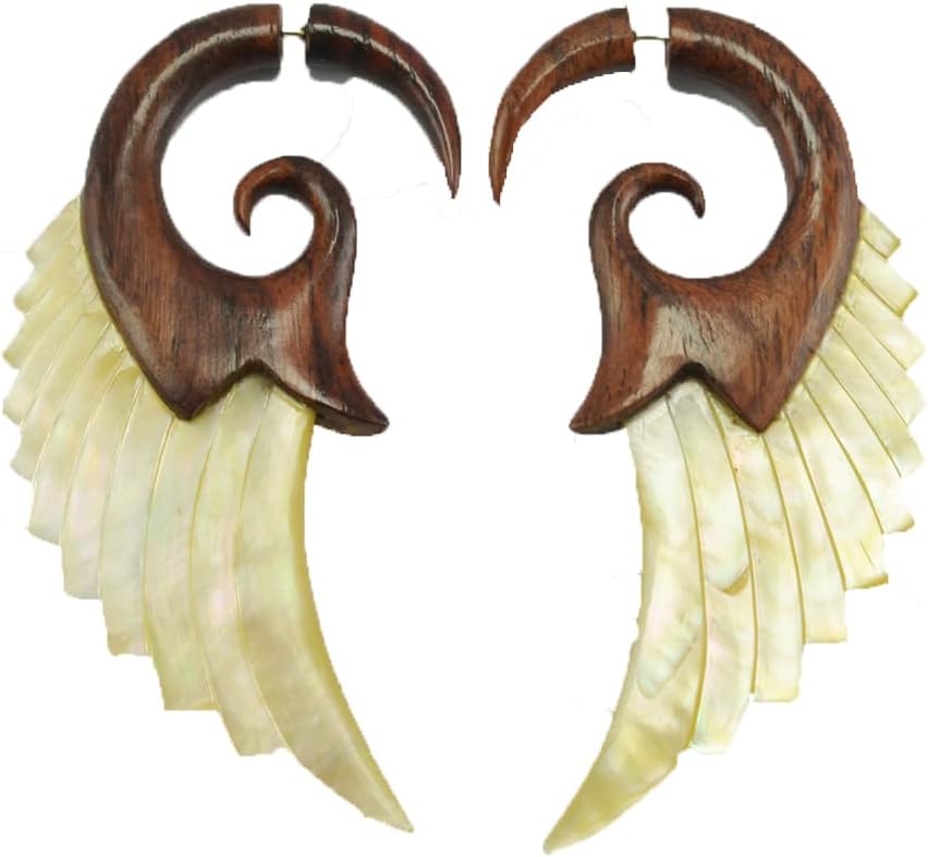 Angel Shell Wings - Fake Gauges - Sono Wood & Mother of Pearl - Faux Gauges