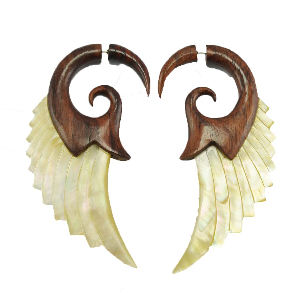 Angel Shell Wings - Fake Gauges - Sono Wood & Mother of Pearl - Faux Gauges